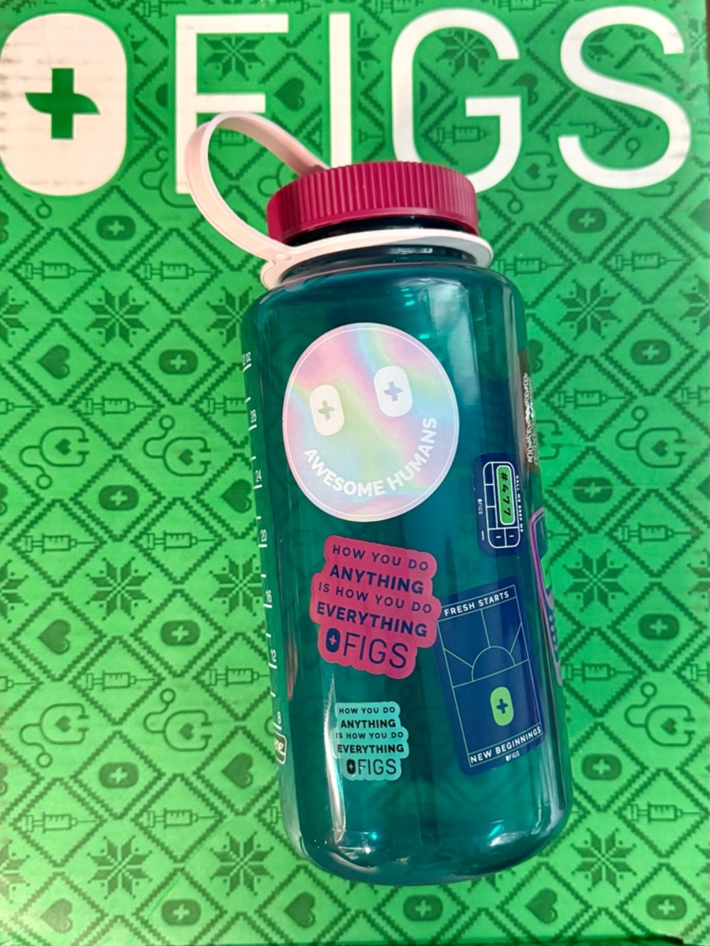 Figs 💯 Awesome Teal Water Bottle with Pink Screw Cap 🩵🩷